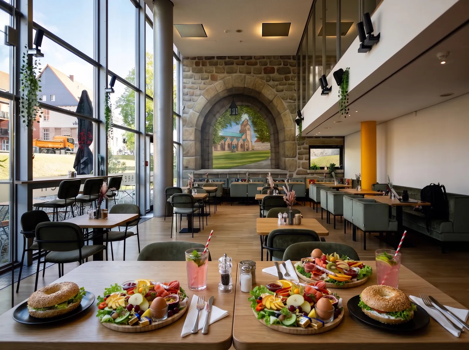Gedeckte Tische im Café Kahlo mit Frühstücksplatten, Bagels und rosa Limonade, dahinter der gemalte Steinbogen