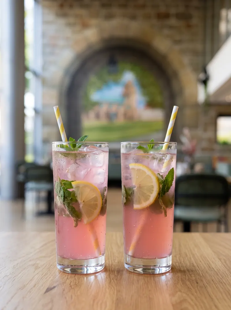 Zwei Gläser rosa Limonade mit Minze und Zitrone auf einem Eichentisch im Café